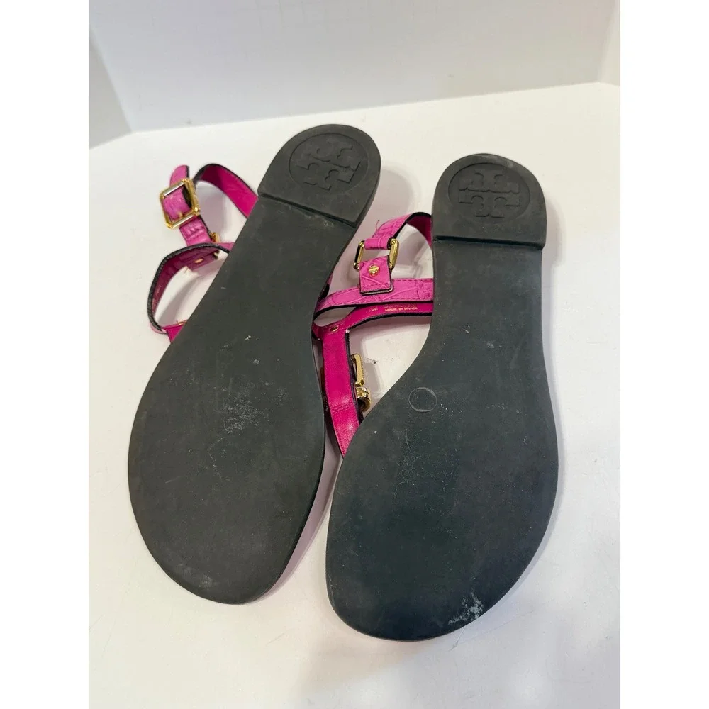 Tory Burch Pink Croc Embossed Leather Miller Sandals Gold Logo Thong Flat 7.5M